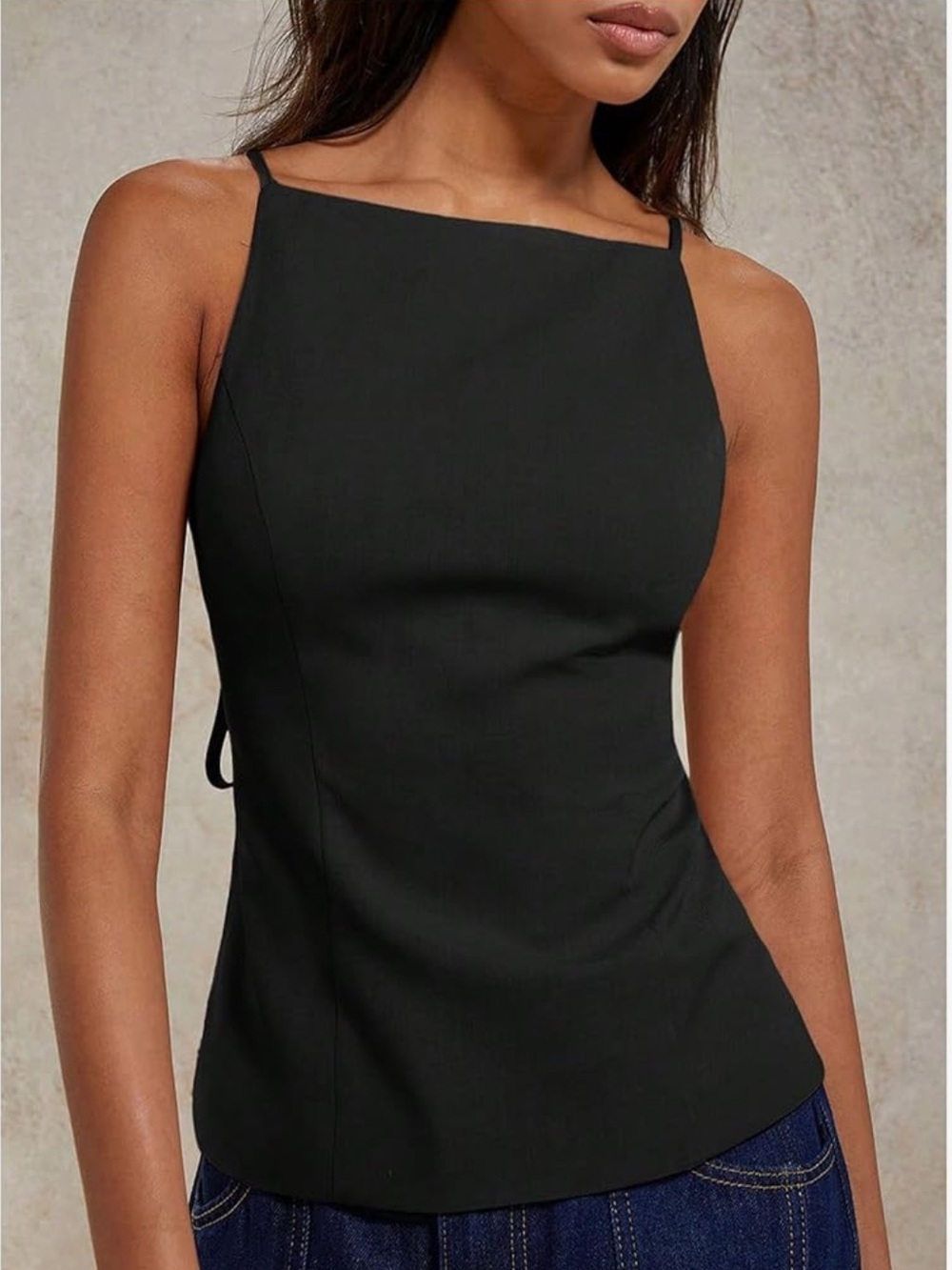 Black Square-Neck Halter Backless Top